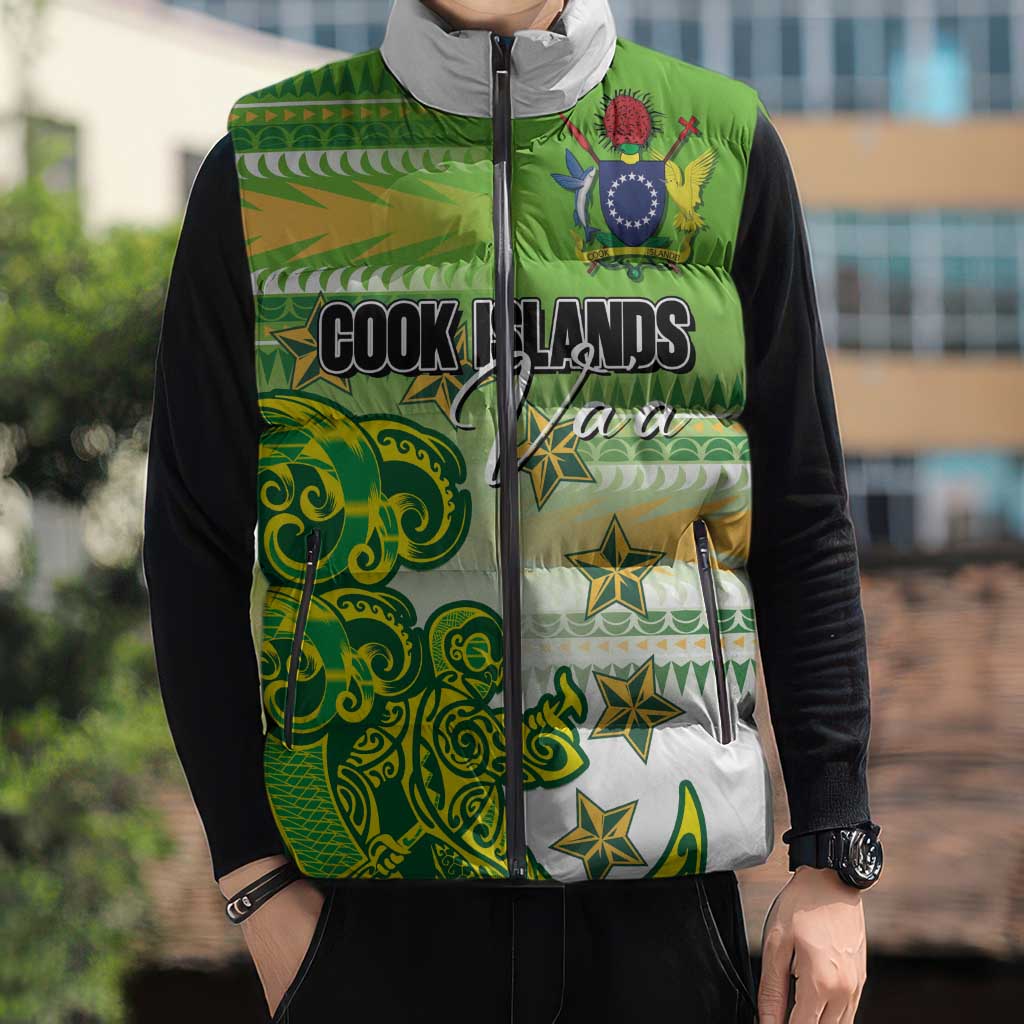 Personalised Cook Islands Va'a Race Sleeveless Puffer Jacket Te Tatau Tattoos Sporty Style Green-White Color - Polynesian Pride