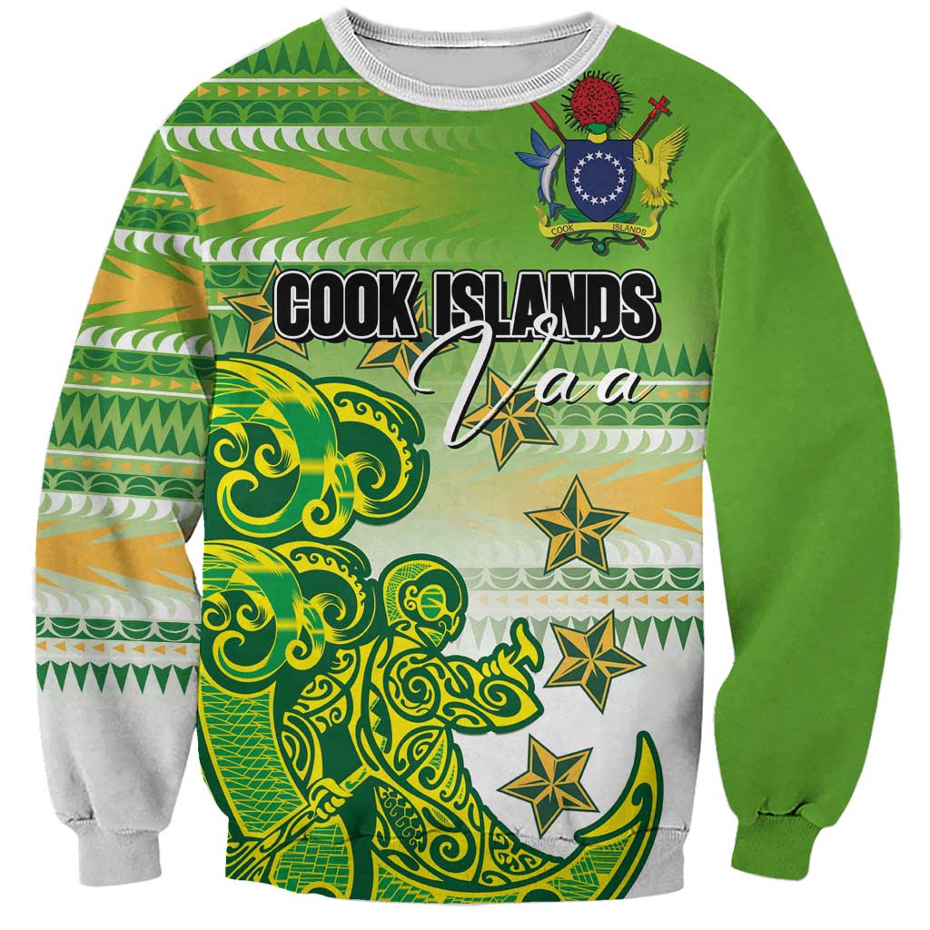 Personalised Cook Islands Va'a Race Sweatshirt Te Tatau Tattoos Sporty Style Green-White Color - Polynesian Pride