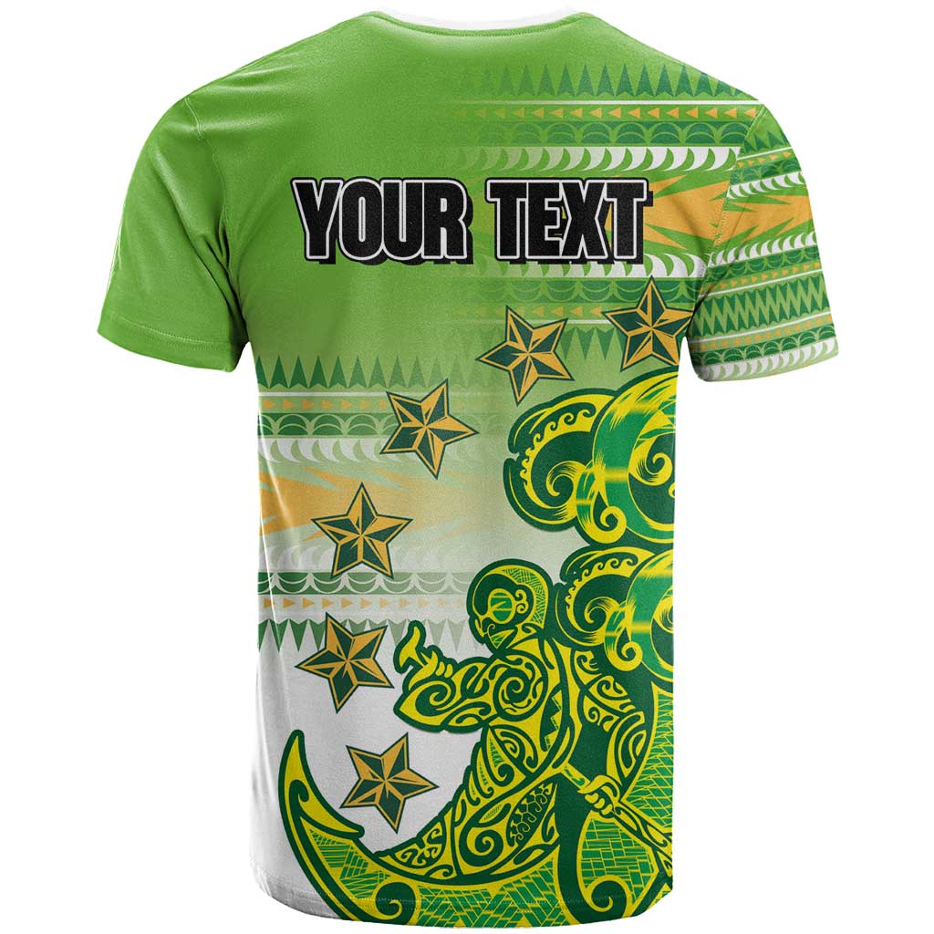 Personalised Cook Islands Va'a Race T Shirt Te Tatau Tattoos Sporty Style Green-White Color - Polynesian Pride