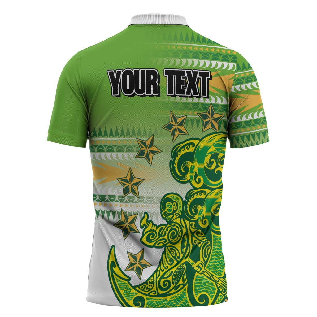 Personalised Cook Islands Va'a Race Zipper Polo Shirt Te Tatau Tattoos Sporty Style Green-White Color - Polynesian Pride