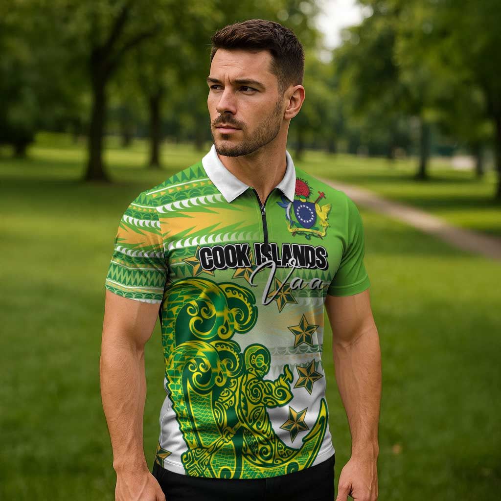 Personalised Cook Islands Va'a Race Zipper Polo Shirt Te Tatau Tattoos Sporty Style Green-White Color - Polynesian Pride
