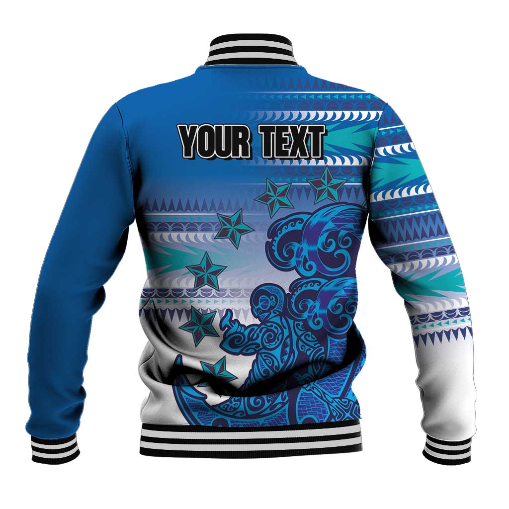 Personalised Cook Islands Va'a Race Baseball Jacket Te Tatau Tattoos Sporty Style Light Blue Color - Polynesian Pride