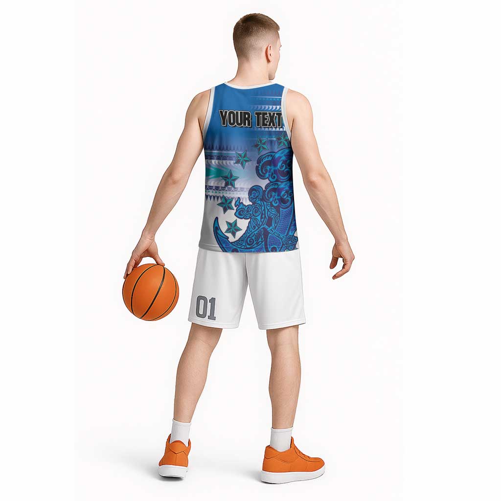 Personalised Cook Islands Va'a Race Basketball Jersey Te Tatau Tattoos Sporty Style Light Blue Color - Polynesian Pride