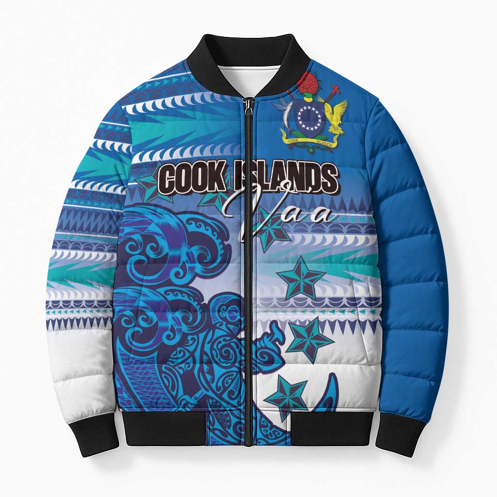 Personalised Cook Islands Va'a Race Bomber Puffer Jacket Te Tatau Tattoos Sporty Style Light Blue Color LT03 Unisex Blue - Polynesian Pride