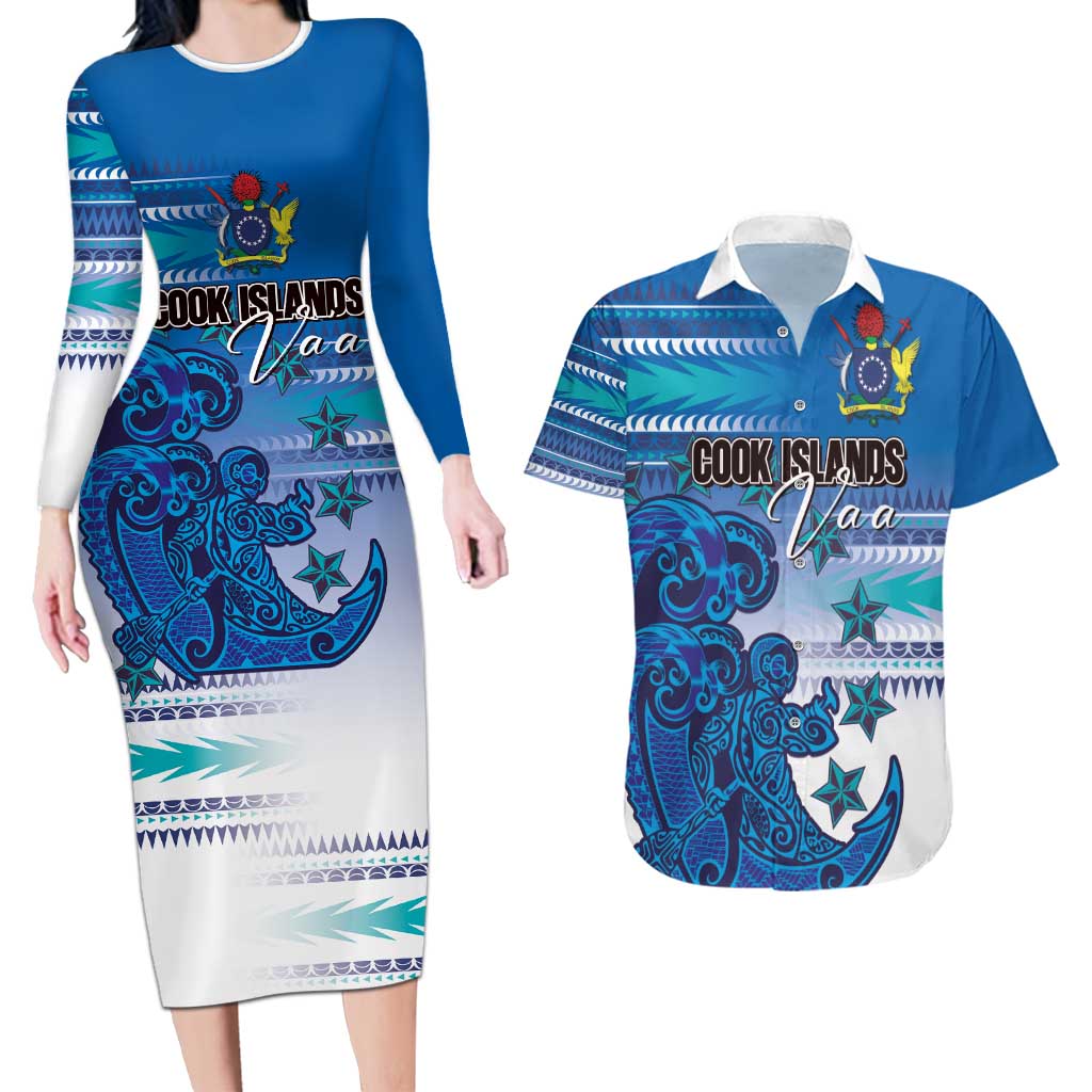 Personalised Cook Islands Va'a Race Couples Matching Long Sleeve Bodycon Dress and Hawaiian Shirt Te Tatau Tattoos Sporty Style Light Blue Color - Polynesian Pride