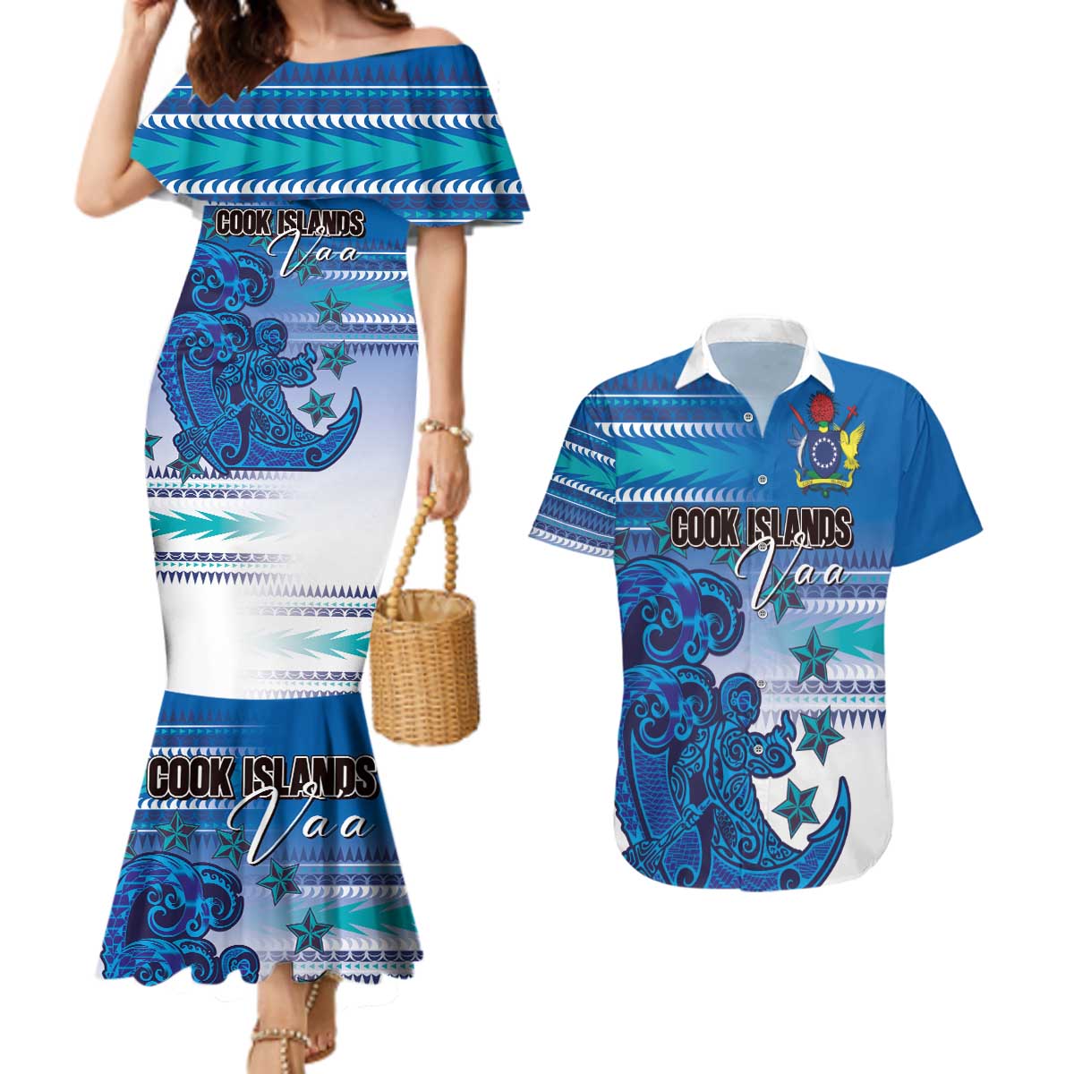 Personalised Cook Islands Va'a Race Couples Matching Mermaid Dress and Hawaiian Shirt Te Tatau Tattoos Sporty Style Light Blue Color - Polynesian Pride