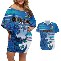 Personalised Cook Islands Va'a Race Couples Matching Off Shoulder Short Dress and Hawaiian Shirt Te Tatau Tattoos Sporty Style Light Blue Color - Polynesian Pride