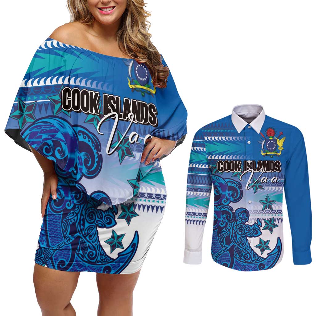 Personalised Cook Islands Va'a Race Couples Matching Off Shoulder Short Dress and Long Sleeve Button Shirt Te Tatau Tattoos Sporty Style Light Blue Color - Polynesian Pride