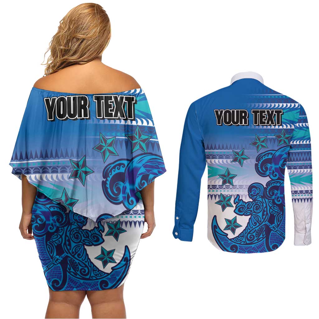Personalised Cook Islands Va'a Race Couples Matching Off Shoulder Short Dress and Long Sleeve Button Shirt Te Tatau Tattoos Sporty Style Light Blue Color - Polynesian Pride