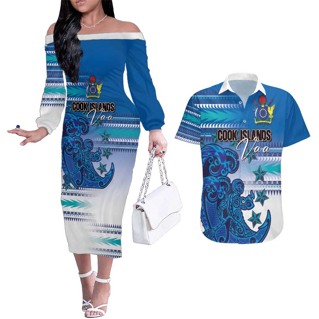 Personalised Cook Islands Va'a Race Couples Matching Off The Shoulder Long Sleeve Dress and Hawaiian Shirt Te Tatau Tattoos Sporty Style Light Blue Color - Polynesian Pride