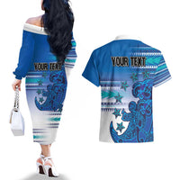 Personalised Cook Islands Va'a Race Couples Matching Off The Shoulder Long Sleeve Dress and Hawaiian Shirt Te Tatau Tattoos Sporty Style Light Blue Color - Polynesian Pride
