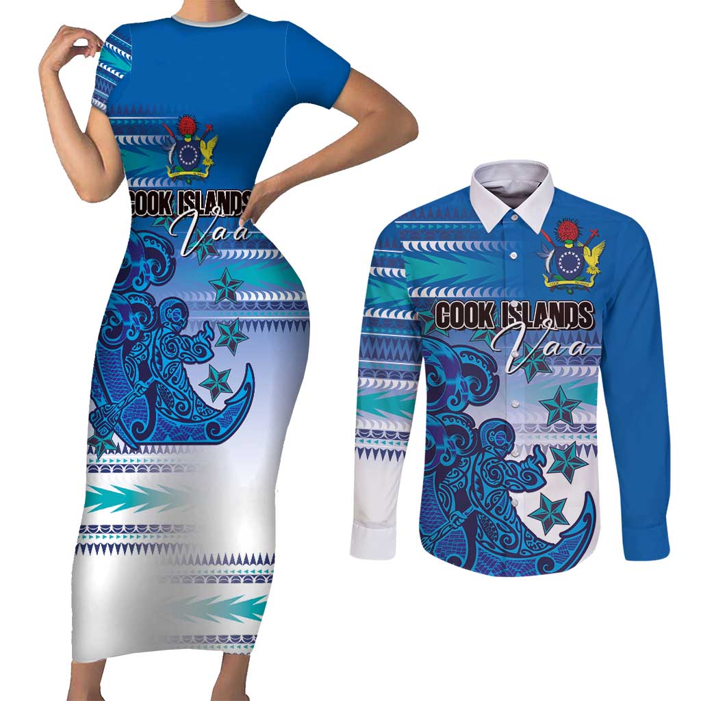 Personalised Cook Islands Va'a Race Couples Matching Short Sleeve Bodycon Dress and Long Sleeve Button Shirt Te Tatau Tattoos Sporty Style Light Blue Color - Polynesian Pride