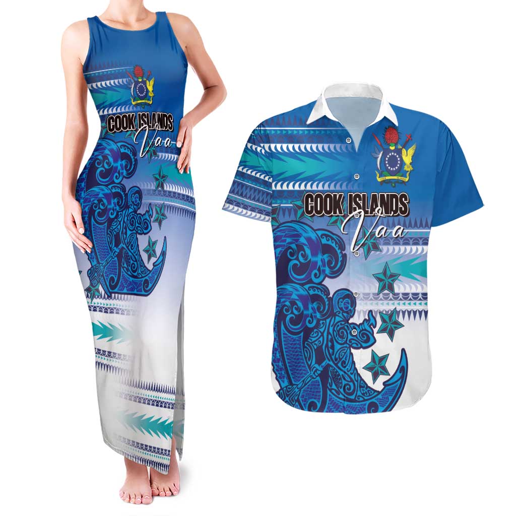 Personalised Cook Islands Va'a Race Couples Matching Tank Maxi Dress and Hawaiian Shirt Te Tatau Tattoos Sporty Style Light Blue Color - Polynesian Pride