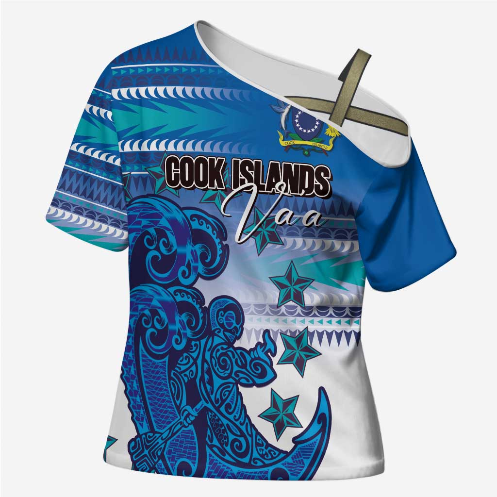 Personalised Cook Islands Va'a Race Cross Shoulder Shirt Te Tatau Tattoos Sporty Style Light Blue Color LT03 Female Blue - Polynesian Pride