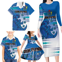 Personalised Cook Islands Va'a Race Family Matching Long Sleeve Bodycon Dress and Hawaiian Shirt Te Tatau Tattoos Sporty Style Light Blue Color - Polynesian Pride