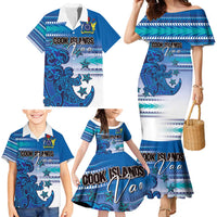 Personalised Cook Islands Va'a Race Family Matching Mermaid Dress and Hawaiian Shirt Te Tatau Tattoos Sporty Style Light Blue Color - Polynesian Pride