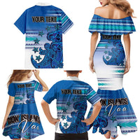 Personalised Cook Islands Va'a Race Family Matching Mermaid Dress and Hawaiian Shirt Te Tatau Tattoos Sporty Style Light Blue Color - Polynesian Pride