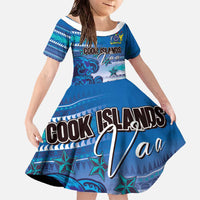 Personalised Cook Islands Va'a Race Family Matching Off The Shoulder Long Sleeve Dress and Hawaiian Shirt Te Tatau Tattoos Sporty Style Light Blue Color - Polynesian Pride