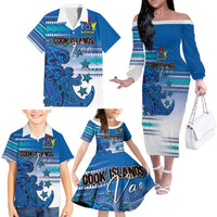 Personalised Cook Islands Va'a Race Family Matching Off The Shoulder Long Sleeve Dress and Hawaiian Shirt Te Tatau Tattoos Sporty Style Light Blue Color - Polynesian Pride