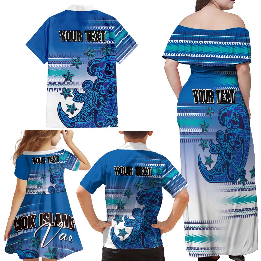 Personalised Cook Islands Va'a Race Family Matching Off Shoulder Maxi Dress and Hawaiian Shirt Te Tatau Tattoos Sporty Style Light Blue Color - Polynesian Pride