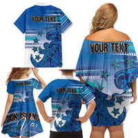Personalised Cook Islands Va'a Race Family Matching Off Shoulder Short Dress and Hawaiian Shirt Te Tatau Tattoos Sporty Style Light Blue Color - Polynesian Pride