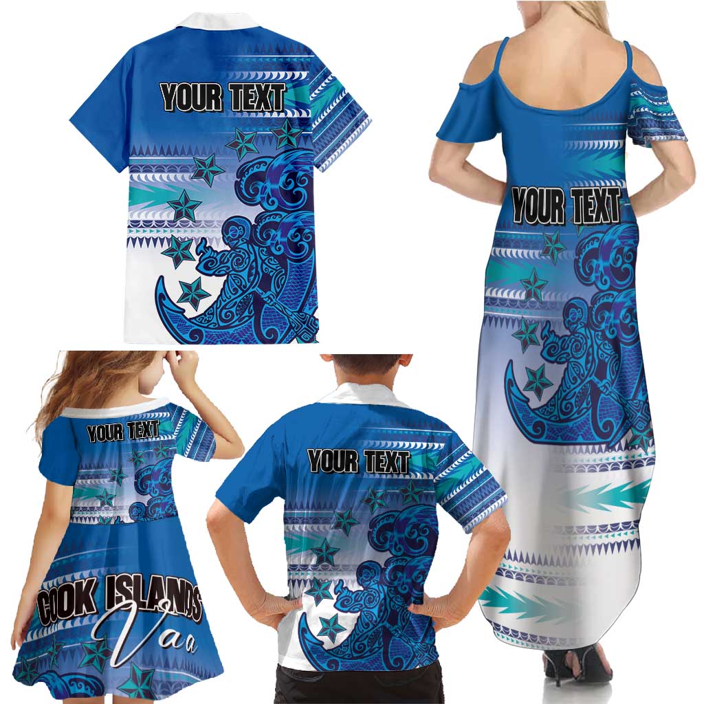 Personalised Cook Islands Va'a Race Family Matching Summer Maxi Dress and Hawaiian Shirt Te Tatau Tattoos Sporty Style Light Blue Color - Polynesian Pride