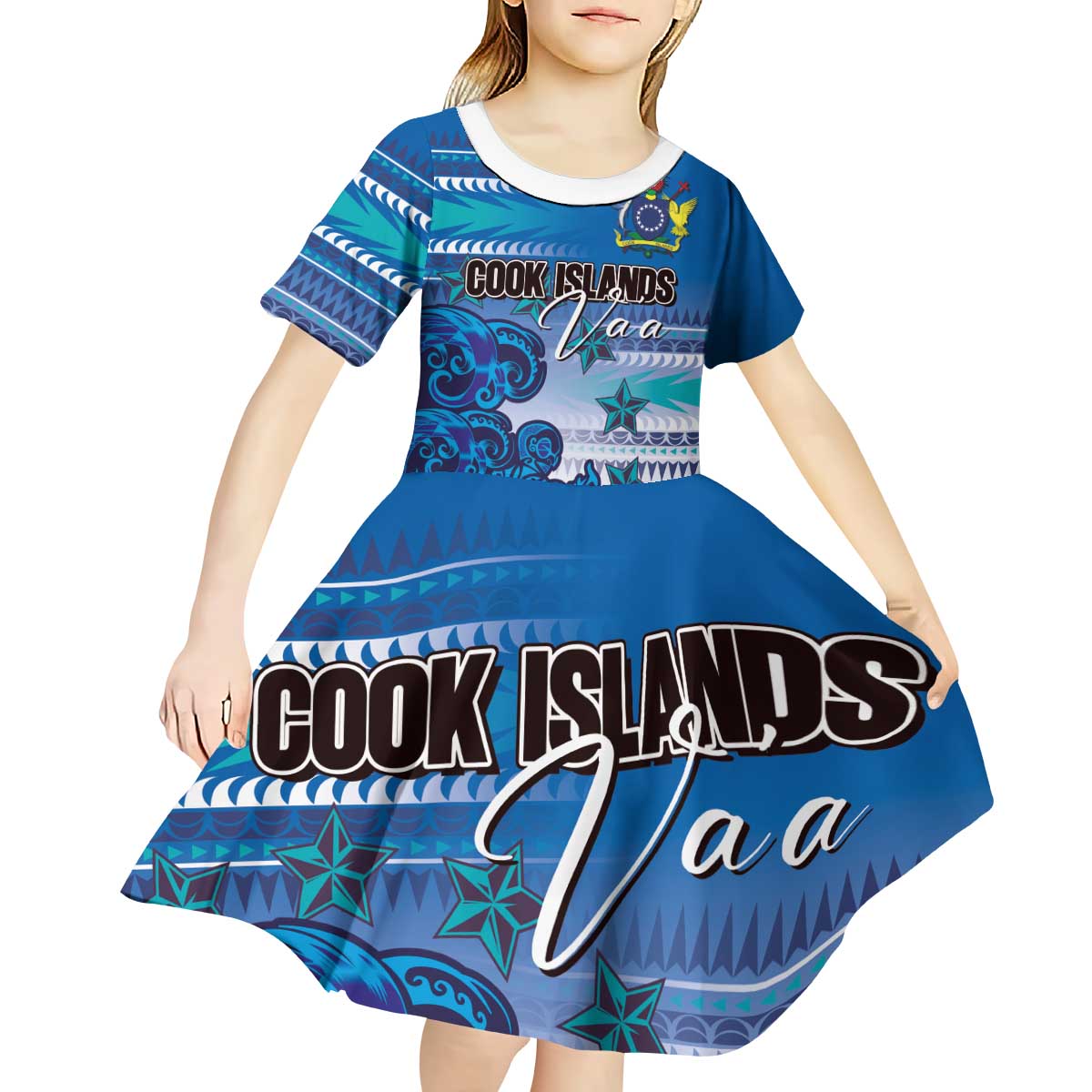 Personalised Cook Islands Va'a Race Kid Short Sleeve Dress Te Tatau Tattoos Sporty Style Light Blue Color - Polynesian Pride