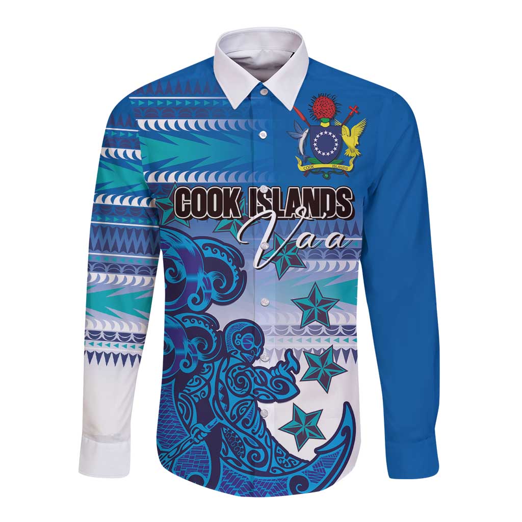 Personalised Cook Islands Va'a Race Long Sleeve Button Shirt Te Tatau Tattoos Sporty Style Light Blue Color - Polynesian Pride