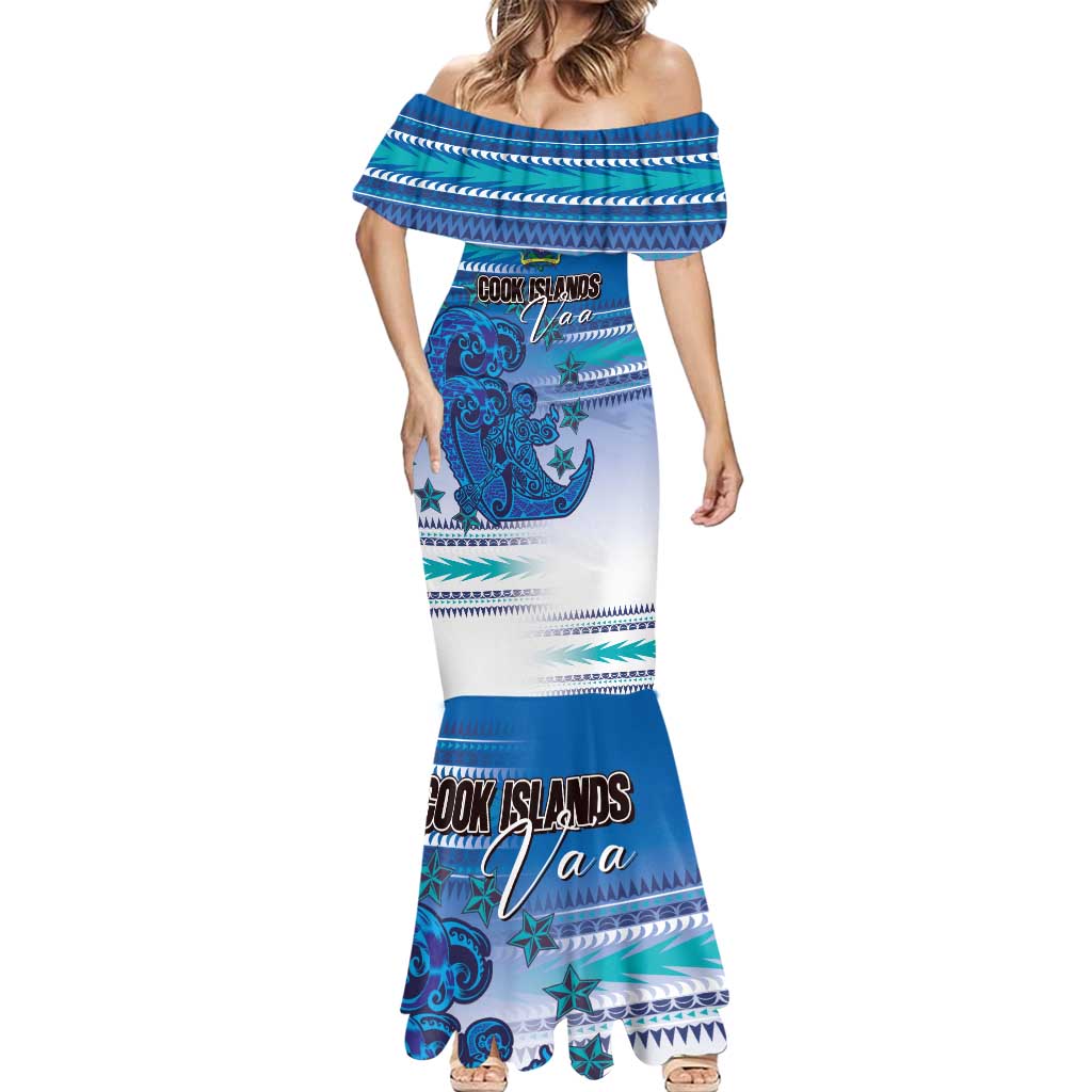 Personalised Cook Islands Va'a Race Mermaid Dress Te Tatau Tattoos Sporty Style Light Blue Color - Polynesian Pride