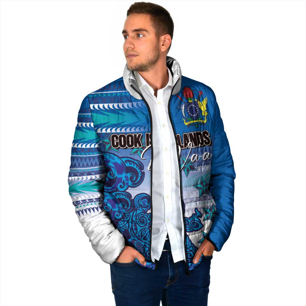 Personalised Cook Islands Va'a Race Padded Jacket Te Tatau Tattoos Sporty Style Light Blue Color - Polynesian Pride