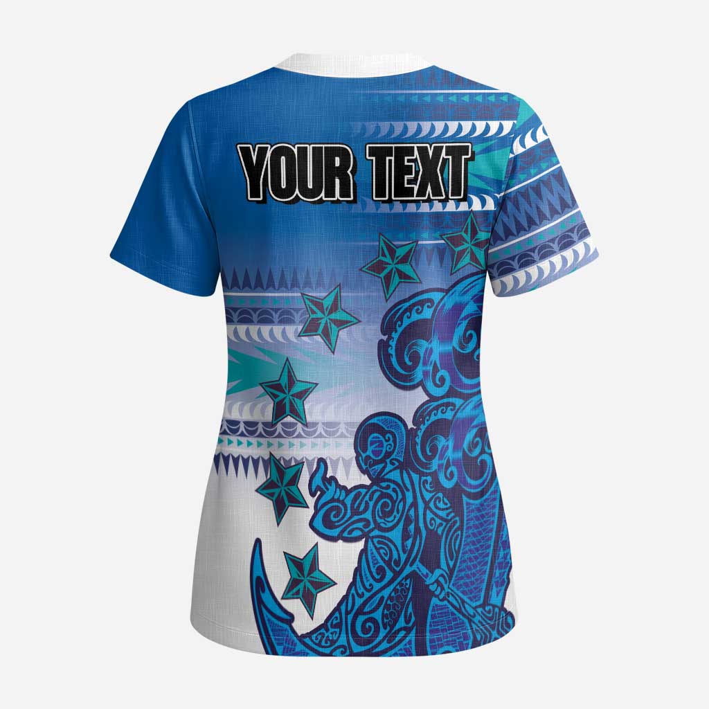 Personalised Cook Islands Va'a Race Scrub Top Te Tatau Tattoos Sporty Style Light Blue Color - Polynesian Pride