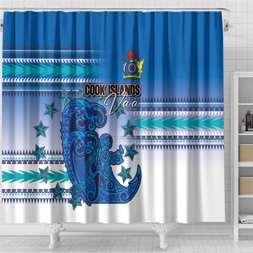 Cook Islands Va'a Race Shower Curtain Te Tatau Tattoos Sporty Style Light Blue Color - Polynesian Pride