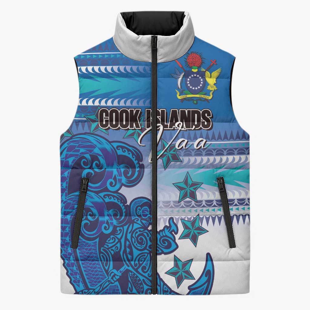 Personalised Cook Islands Va'a Race Sleeveless Puffer Jacket Te Tatau Tattoos Sporty Style Light Blue Color - Polynesian Pride