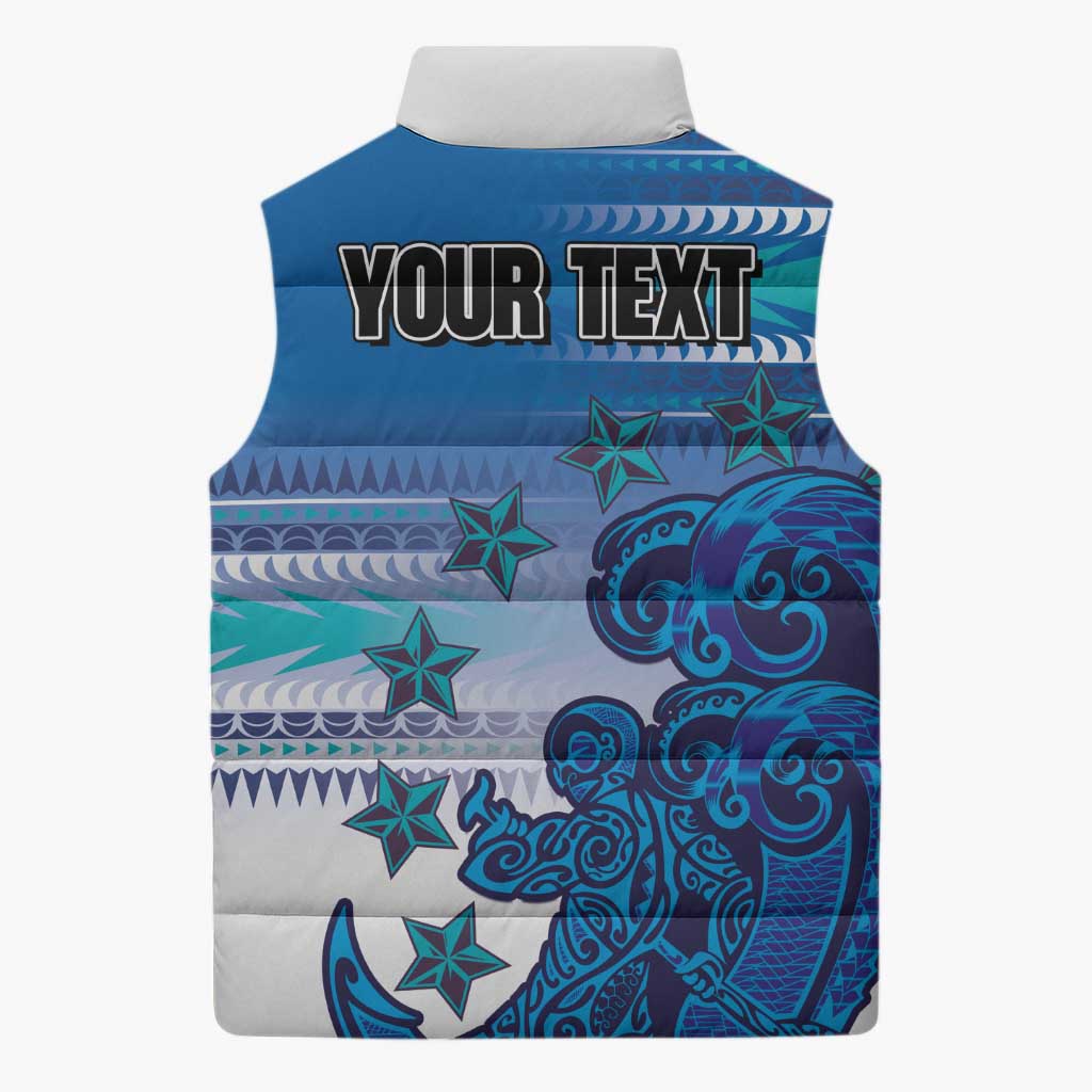 Personalised Cook Islands Va'a Race Sleeveless Puffer Jacket Te Tatau Tattoos Sporty Style Light Blue Color - Polynesian Pride