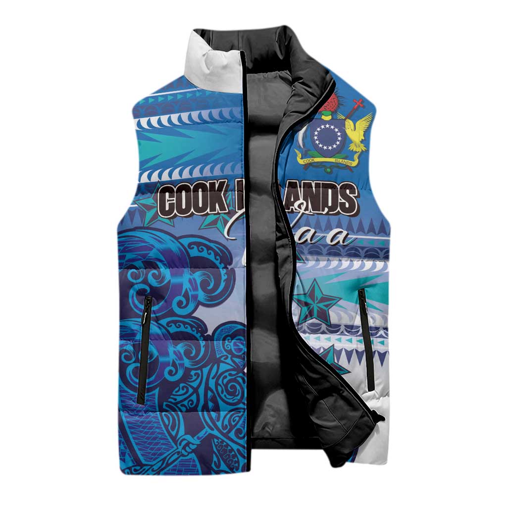 Personalised Cook Islands Va'a Race Sleeveless Puffer Jacket Te Tatau Tattoos Sporty Style Light Blue Color - Polynesian Pride