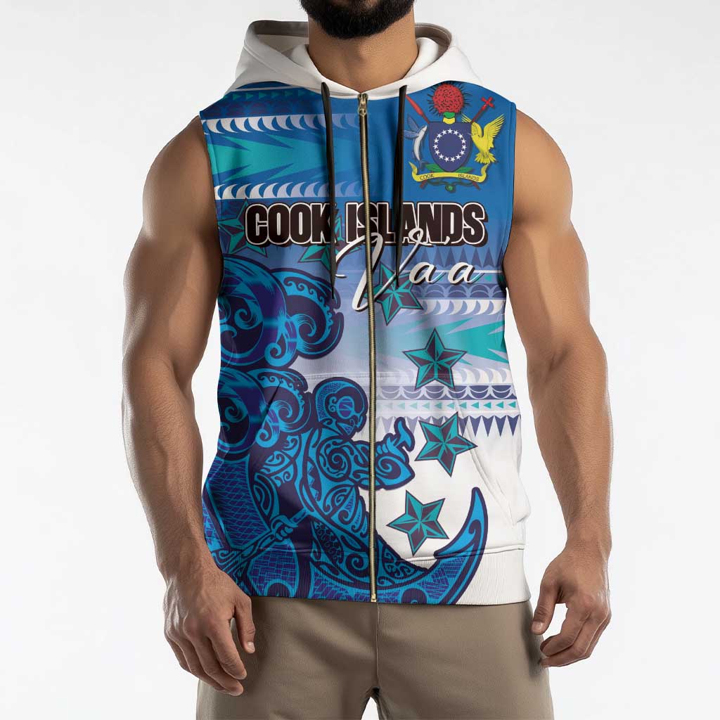 Personalised Cook Islands Va'a Race Sleeveless Zip Hoodie Te Tatau Tattoos Sporty Style Light Blue Color - Polynesian Pride