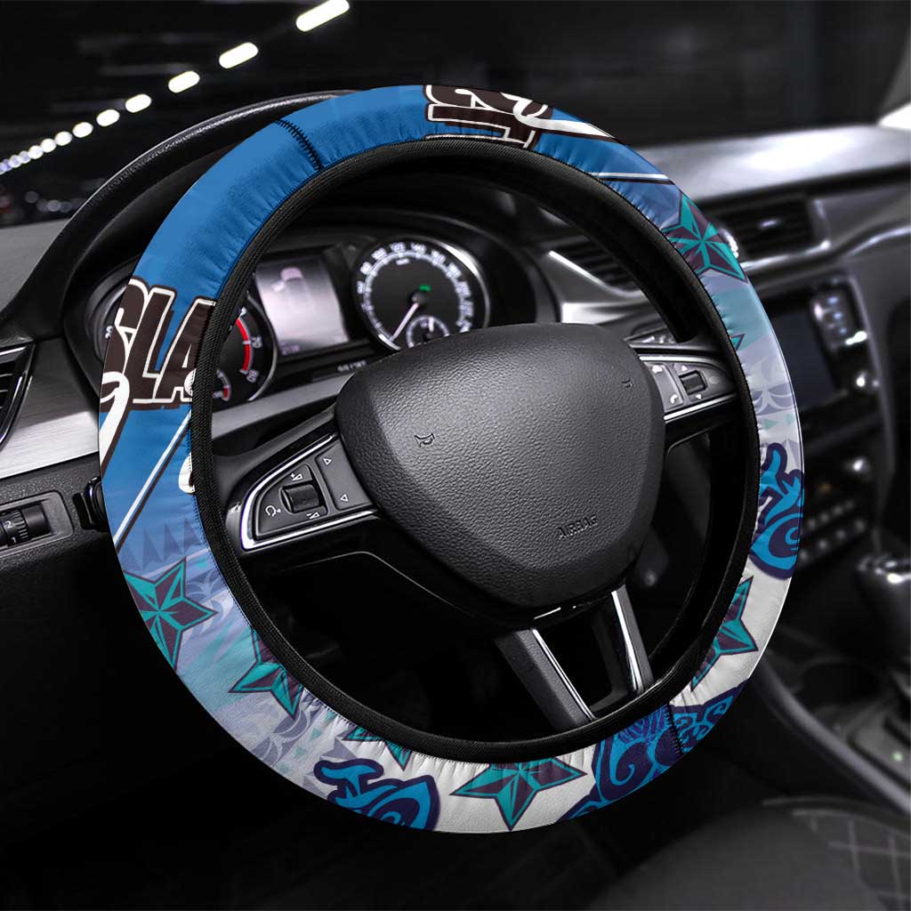Cook Islands Va'a Race Steering Wheel Cover Te Tatau Tattoos Sporty Style Light Blue Color LT03 Universal Fit Blue - Polynesian Pride