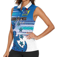 Personalised Cook Islands Va'a Race Women Sleeveless Polo Shirt Te Tatau Tattoos Sporty Style Light Blue Color - Polynesian Pride