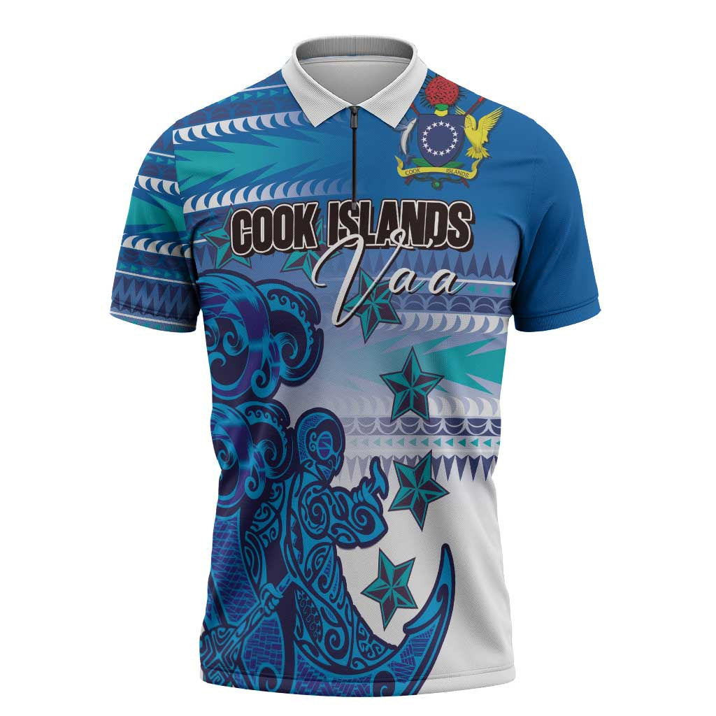 Personalised Cook Islands Va'a Race Zipper Polo Shirt Te Tatau Tattoos Sporty Style Light Blue Color - Polynesian Pride