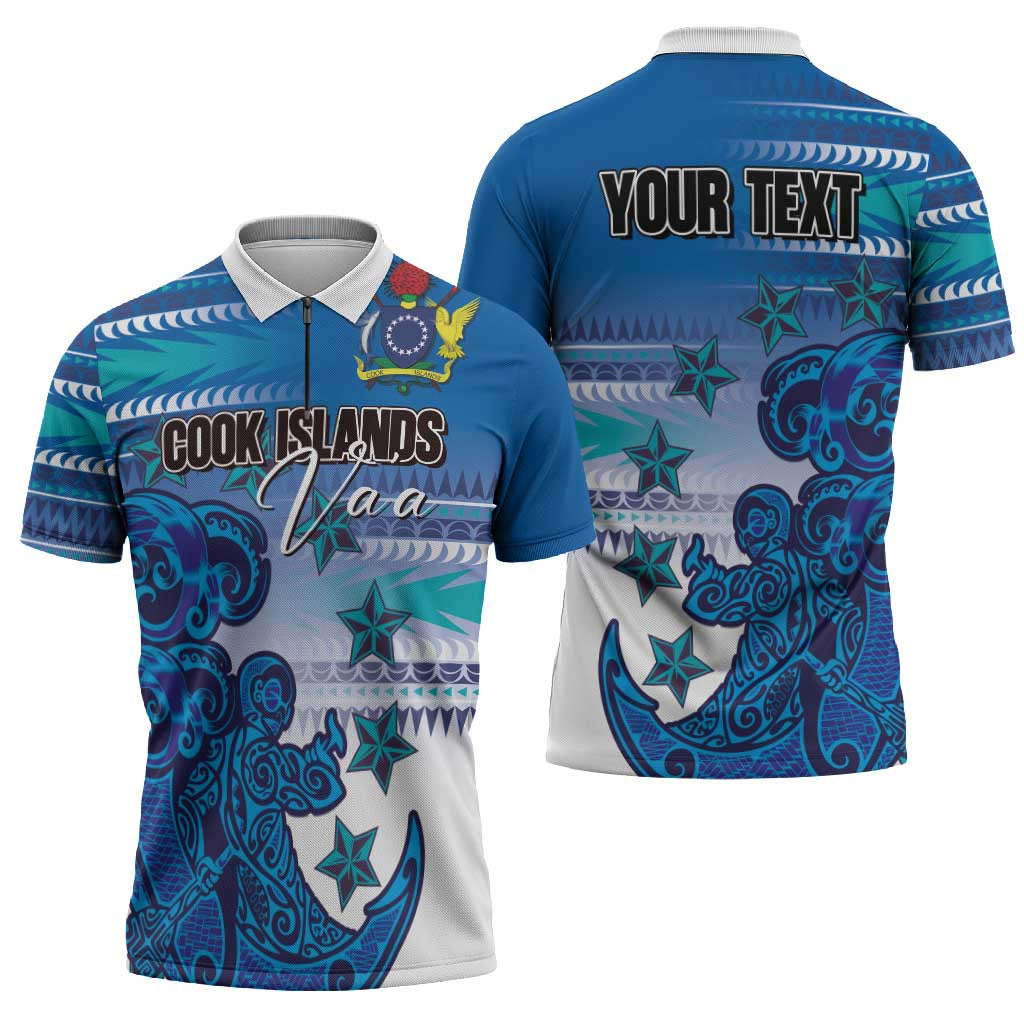 Personalised Cook Islands Va'a Race Zipper Polo Shirt Te Tatau Tattoos Sporty Style Light Blue Color - Polynesian Pride
