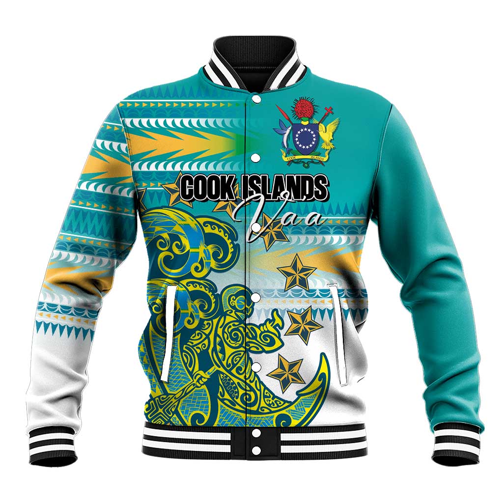 Personalised Cook Islands Va'a Race Baseball Jacket Te Tatau Tattoos Sporty Style Turquoise Color - Polynesian Pride