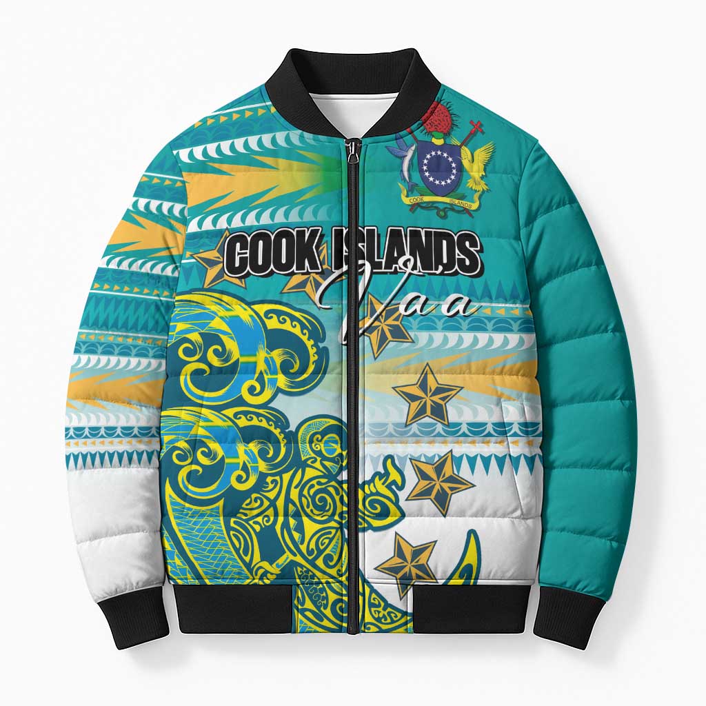 Personalised Cook Islands Va'a Race Bomber Puffer Jacket Te Tatau Tattoos Sporty Style Turquoise Color - Polynesian Pride
