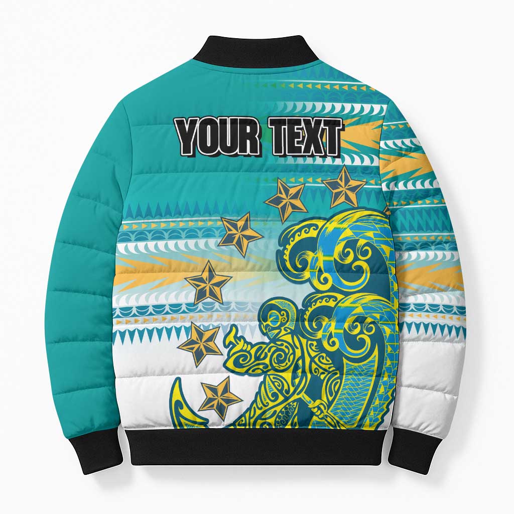 Personalised Cook Islands Va'a Race Bomber Puffer Jacket Te Tatau Tattoos Sporty Style Turquoise Color - Polynesian Pride
