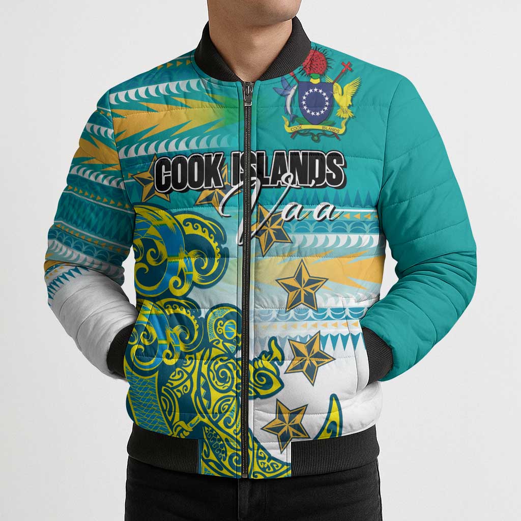Personalised Cook Islands Va'a Race Bomber Puffer Jacket Te Tatau Tattoos Sporty Style Turquoise Color - Polynesian Pride
