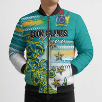 Personalised Cook Islands Va'a Race Bomber Puffer Jacket Te Tatau Tattoos Sporty Style Turquoise Color - Polynesian Pride