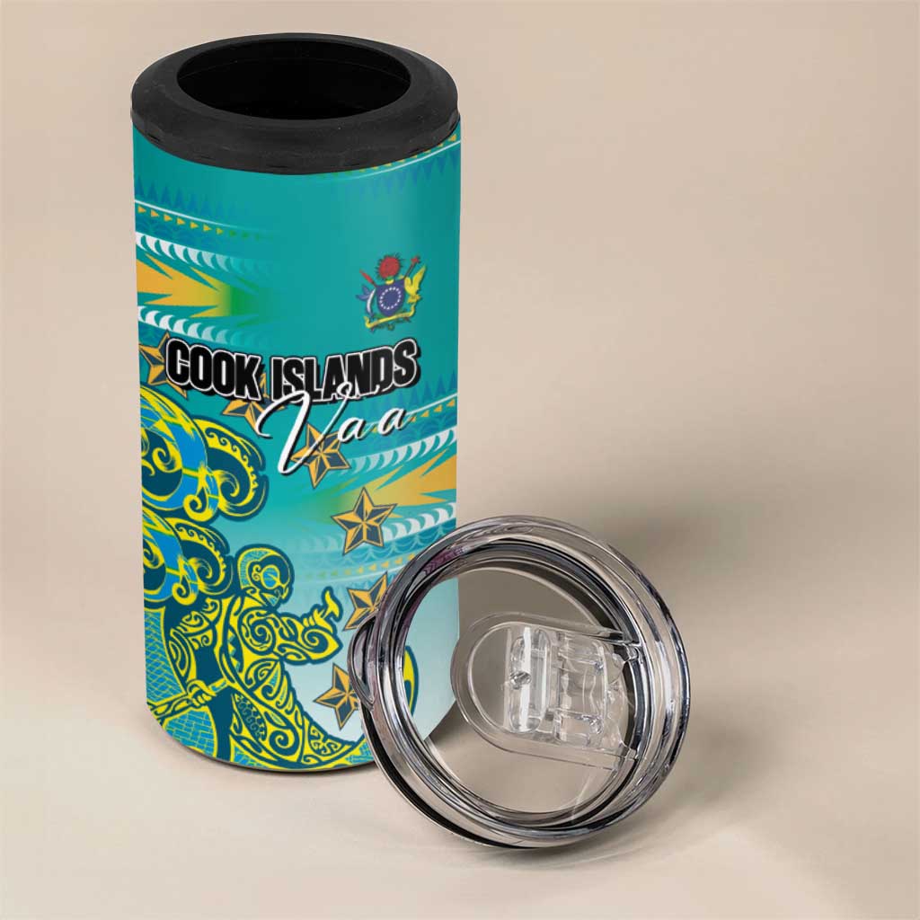 Personalised Cook Islands Va'a Race 4 in 1 Can Cooler Tumbler Te Tatau Tattoos Sporty Style Turquoise Color - Polynesian Pride