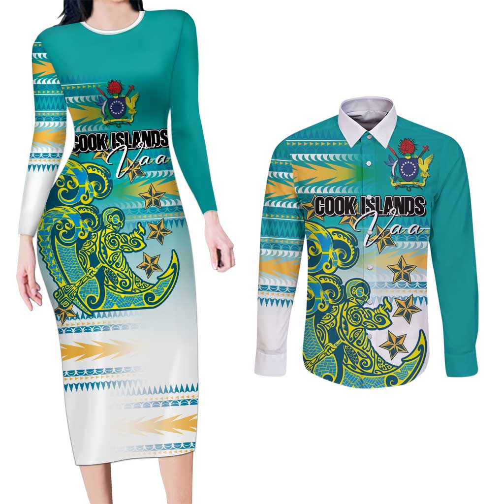 Personalised Cook Islands Va'a Race Couples Matching Long Sleeve Bodycon Dress and Long Sleeve Button Shirt Te Tatau Tattoos Sporty Style Turquoise Color - Polynesian Pride