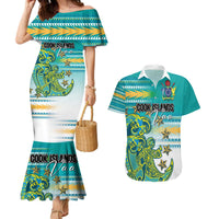 Personalised Cook Islands Va'a Race Couples Matching Mermaid Dress and Hawaiian Shirt Te Tatau Tattoos Sporty Style Turquoise Color - Polynesian Pride