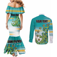 Personalised Cook Islands Va'a Race Couples Matching Mermaid Dress and Long Sleeve Button Shirt Te Tatau Tattoos Sporty Style Turquoise Color - Polynesian Pride