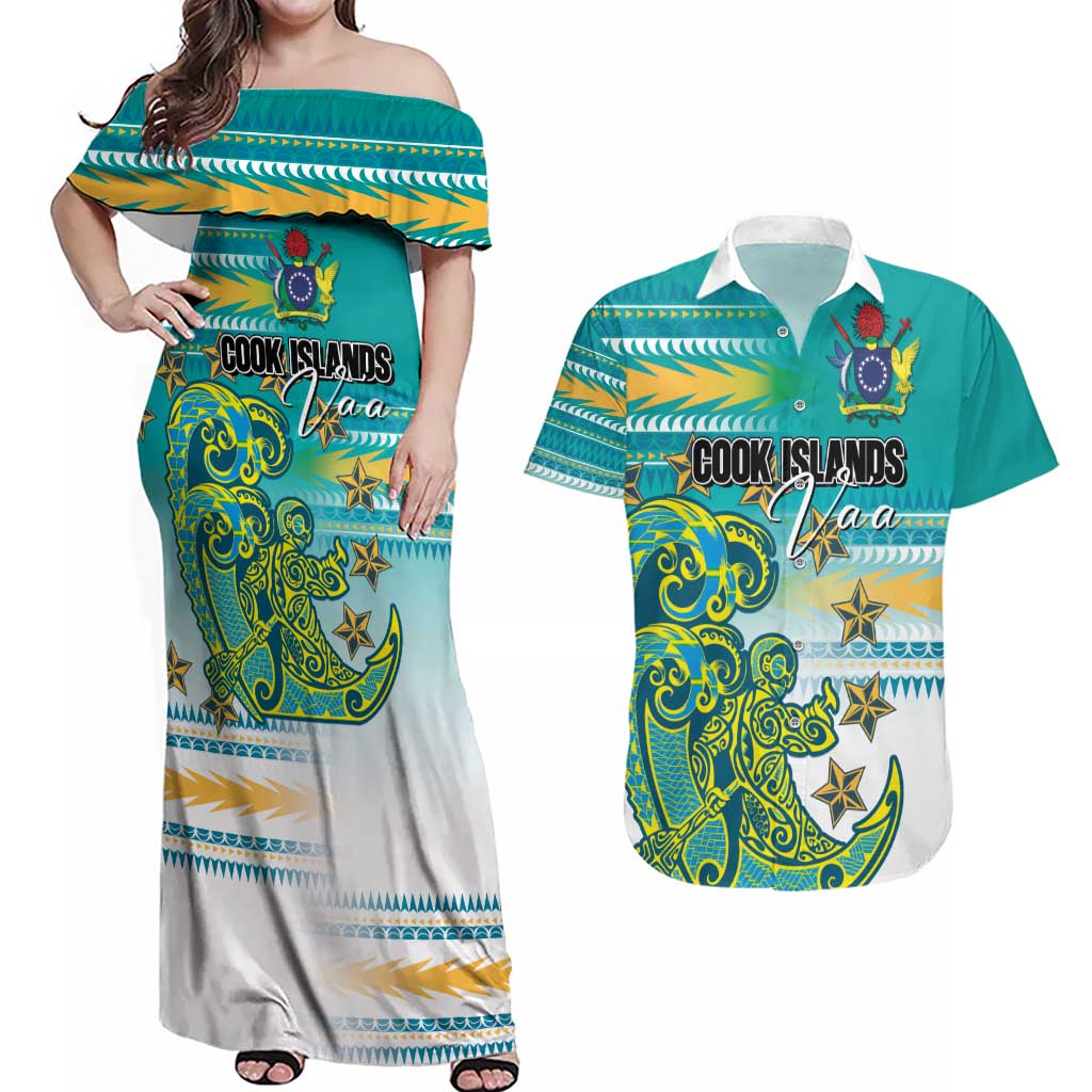 Personalised Cook Islands Va'a Race Couples Matching Off Shoulder Maxi Dress and Hawaiian Shirt Te Tatau Tattoos Sporty Style Turquoise Color - Polynesian Pride